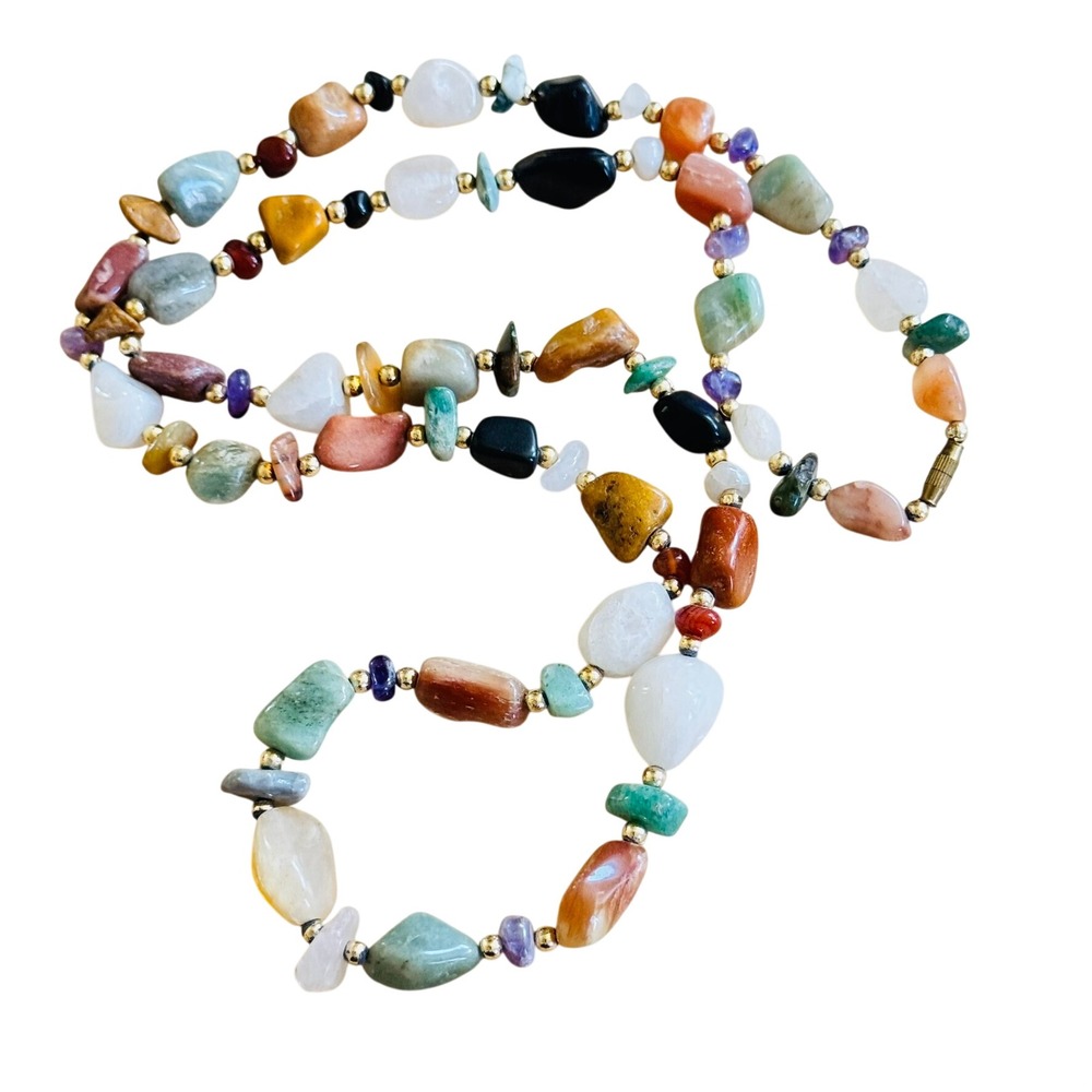 VTG BOHO Beggars Necklace Agate Aventurine Statement 60s 70s 106g Flapper Hippie